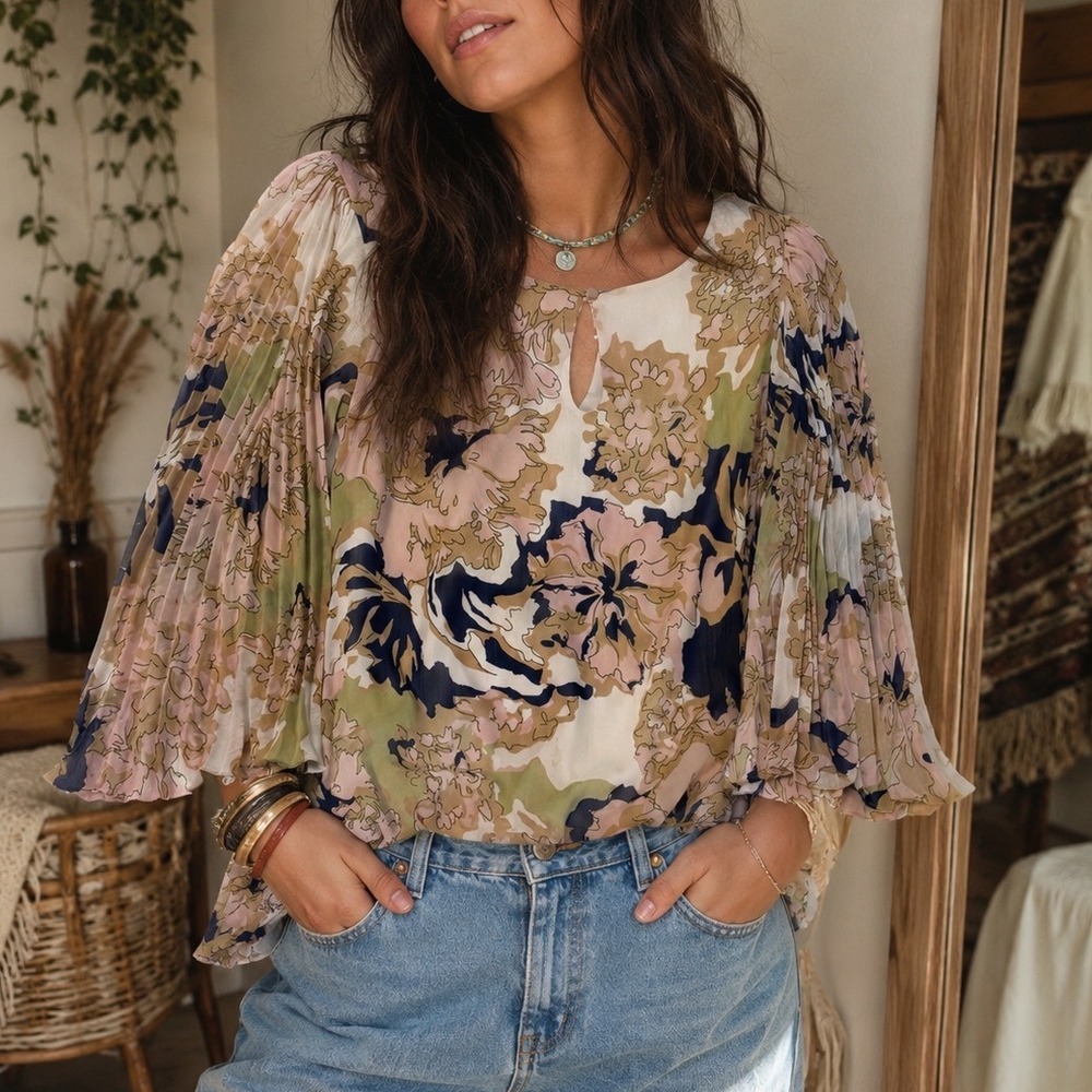 Rose & Olive Floral Pleated Bell Sleeve Blouse Boho Keyhole Top Small Pink Green